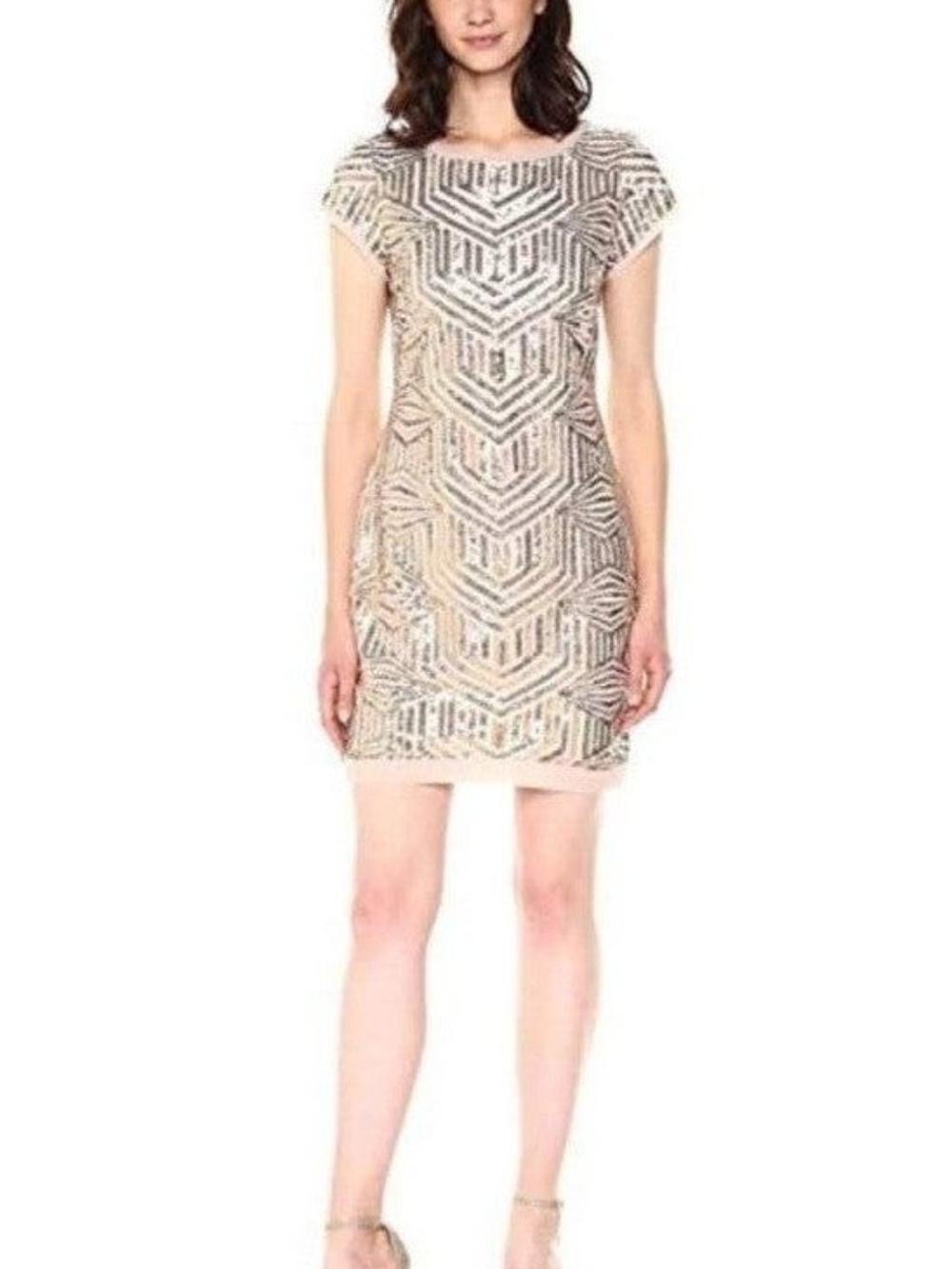 Vince Camuto Beaded Nude & Silver Short Sleeve Shift Dress